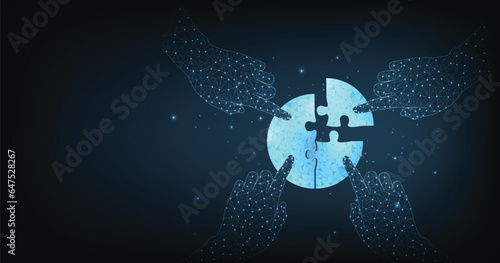 Teamwork and cooperation concept. Strategy for success. jigsaw digital technology blue on a dark blue background. puzzle connect achievement low poly wireframe.	