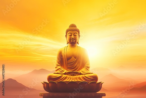 Buddha statue with aura on yellow sky background