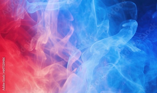 Color smoke abstract background. Cold hot. Ice fire flame. Defocused blue red contrast paint splash light glowing vapor floating cloud texture  Generative AI