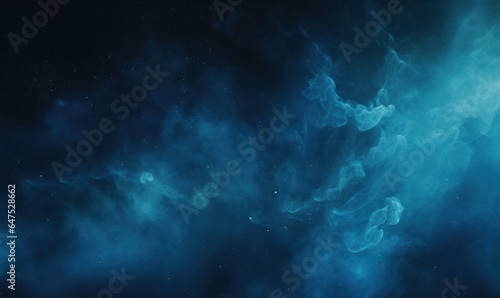 Glitter mist. Color cloud. Night sky. Blue shiny sparkling particles smoke floating on dark black abstract art background with copy space, Generative AI