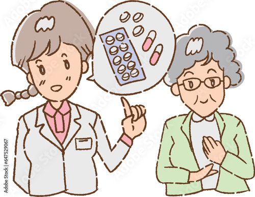 薬の説明を受けるおばあさん