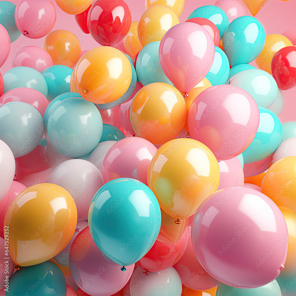 birthday ballon pastel color in pink background, 3d style, generative AI