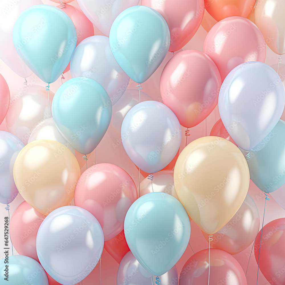 birthday ballon pastel color in pink background, 3d style, generative AI