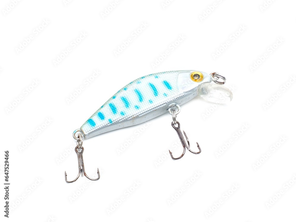 Picture of colorful fish shaped plug baits with 3 way hooks. Fishing equipment isolated on white background. Picture of colorful fish shaped plug baits with 3 way hooks. Fishing equipment isolated on white background.