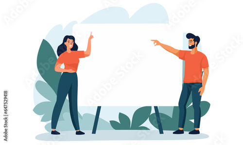 Flat vector illustration. A man and a woman are giving a presentation together, pointing their hands to a large banner. The banner has space for your text . Vector illustration