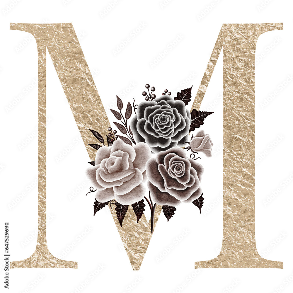 Floral alphabet, gold letter M with watercolor flowers and leaf Stock ...