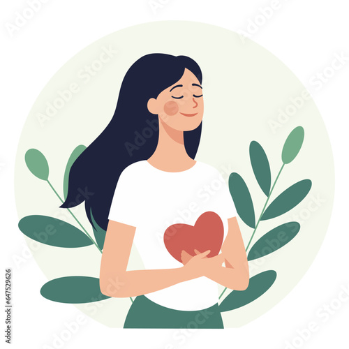 Vector flat illustration. Peaceful girl holding a core in her hands, happy girl loves herself. Concept of psychology, mental health and self love. Vector illustration © Alena