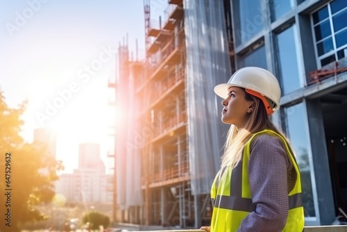 A young female engineer comes to view construction work with a building under construction in the background.
