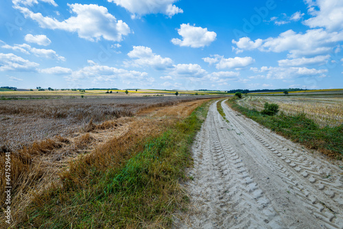 Beautiful panorama of hills and fields. Blue sky with few clouds. A dirt road in the foreground. Roztocze region. Narol, eastern Poland. photo