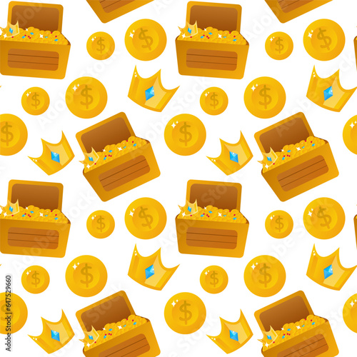 Gold coins seamless pattern. Treasure chest. Vector.