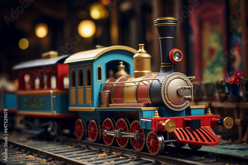 Closeup portrait of a toy train in wooden table top with Christmas decoration