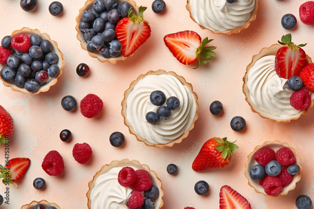 Top view of small tarts with cream and berry fruits surrounded by ingredients - obrazy, fototapety, plakaty 