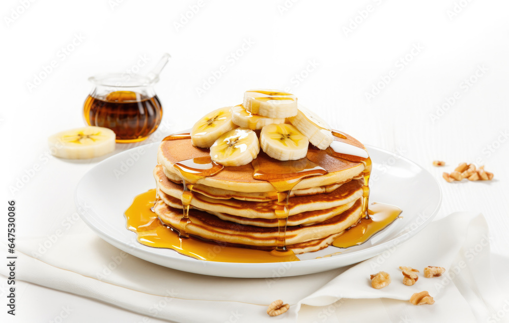 pancakes with banana slices in white plate, banana slices on top of pan cakes with honey