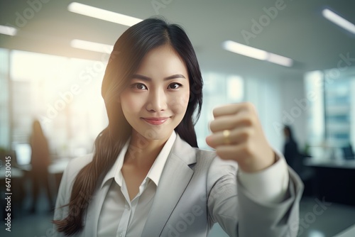 Asian Businesswoman Showing a Fighting Pose, Beautiful Manager Gestures Raising Fists in Modern Office, Female Entrepreneur Fights a Problem, Celebrate Success and Achieving Goals