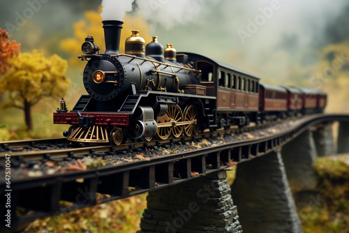Miniature train bridge diorama, old steam train and carriage photo