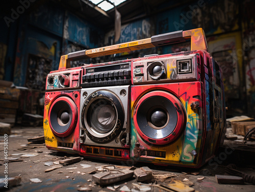 1980s Retro Ghetto Blaster Boombox in Graffiti Covered Room Full Frame Camera Photography