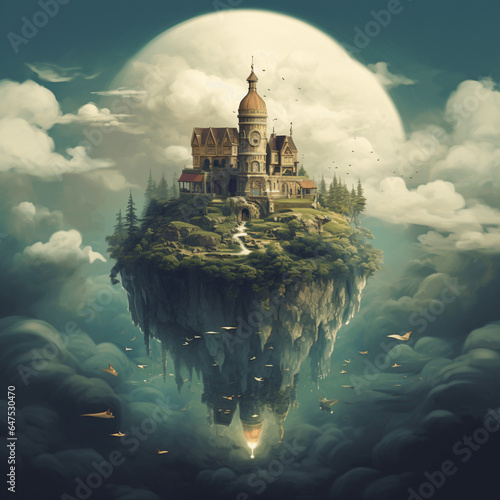Magical floating castle in the middle of nowhere with moon background mock-up
