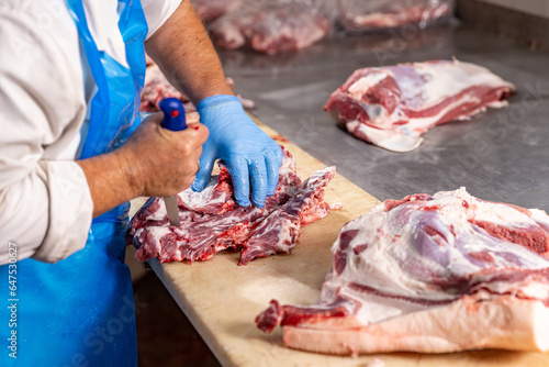 Butcher cutting fresh meat
