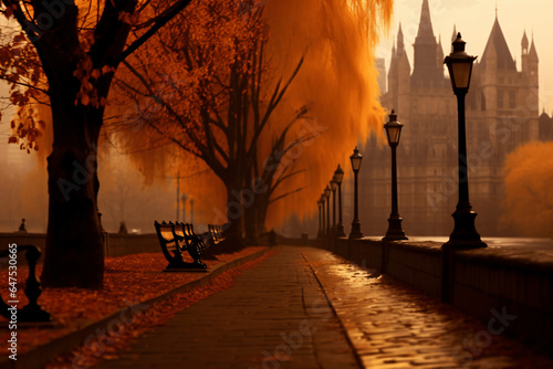 Bright orange autumn tree with old cathedral and  park  