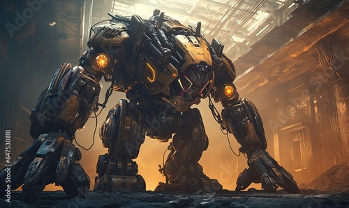 Photo of a futuristic giant robot with glowing eyes standing in a dimly lit warehouse