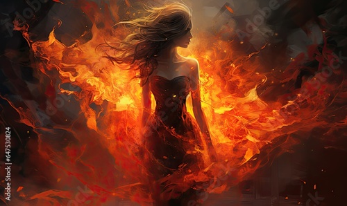 Photo of a woman standing in front of a blazing fire