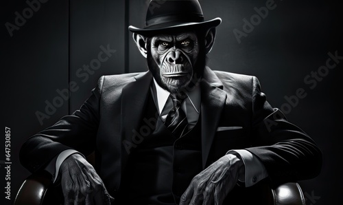 Fototapeta Photo of a man wearing a suit and tie with a monkey mask on his face