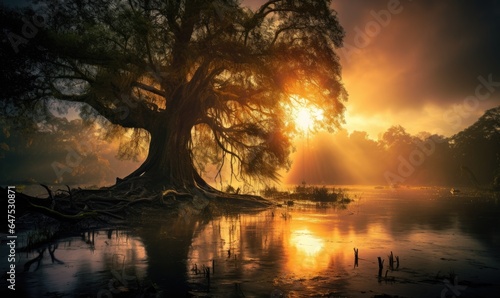 Photo of a majestic tree standing tall in the middle of a serene lake © uhdenis