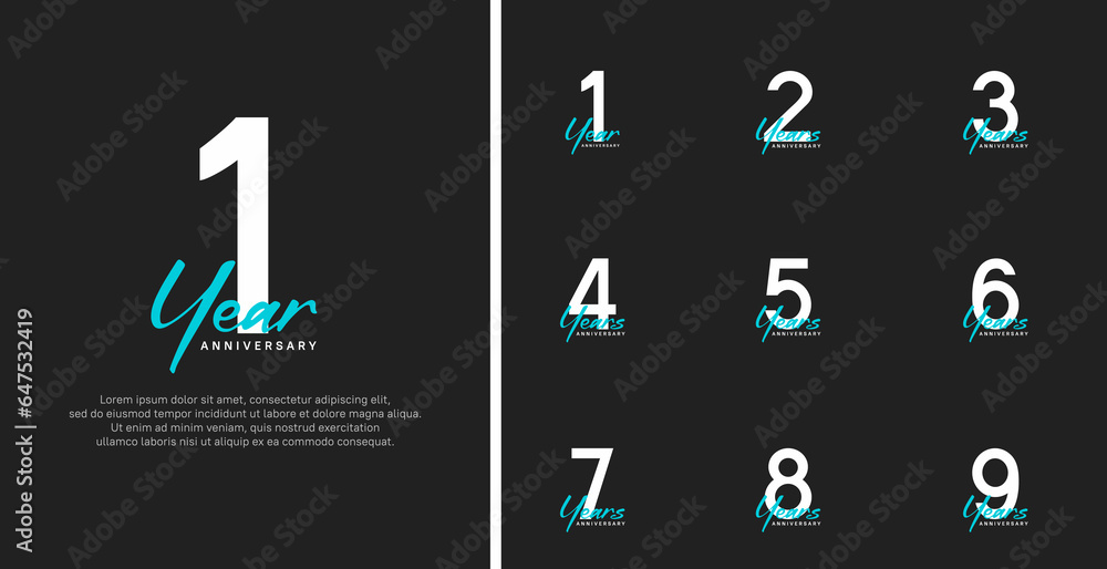 set of anniversary logo flat white color number and blue text on black background for celebration set of anniversary logo flat white color number and blue text on black background for celebration