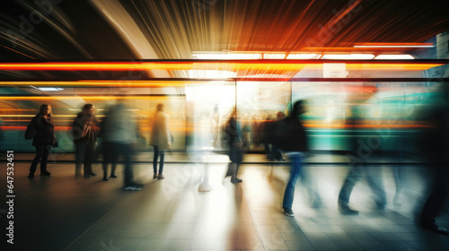 A train station subway with blurred motion and walking people
