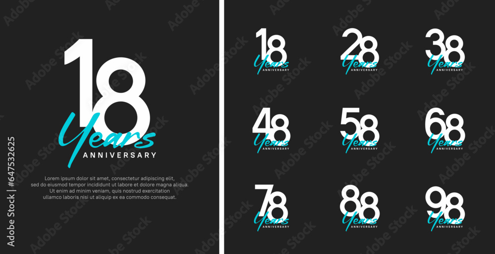 set of anniversary logo flat white color number and blue text on black background for celebration set of anniversary logo flat white color number and blue text on black background for celebration