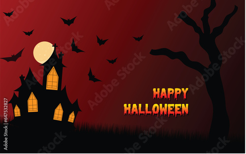 Happy Halloween poster design, scary house, moon, flying fox, decorative poster, Ideal for Halloween promotions, invitations, and decorations, vector art illustration