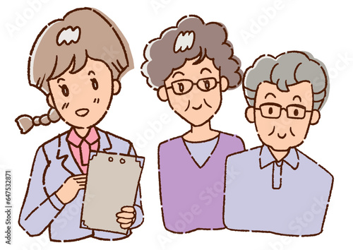 ケアプランの説明を受ける、おばあさんとおじいさん