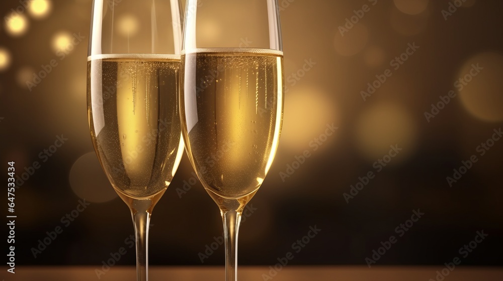 Close-up of Celebration toast with two glasses of Champagne. Golden bokeh light. Christmas or New Tear concept. Close-up of Celebration toast with two glasses of Champagne. Golden bokeh light. Christmas or New Tear concept.