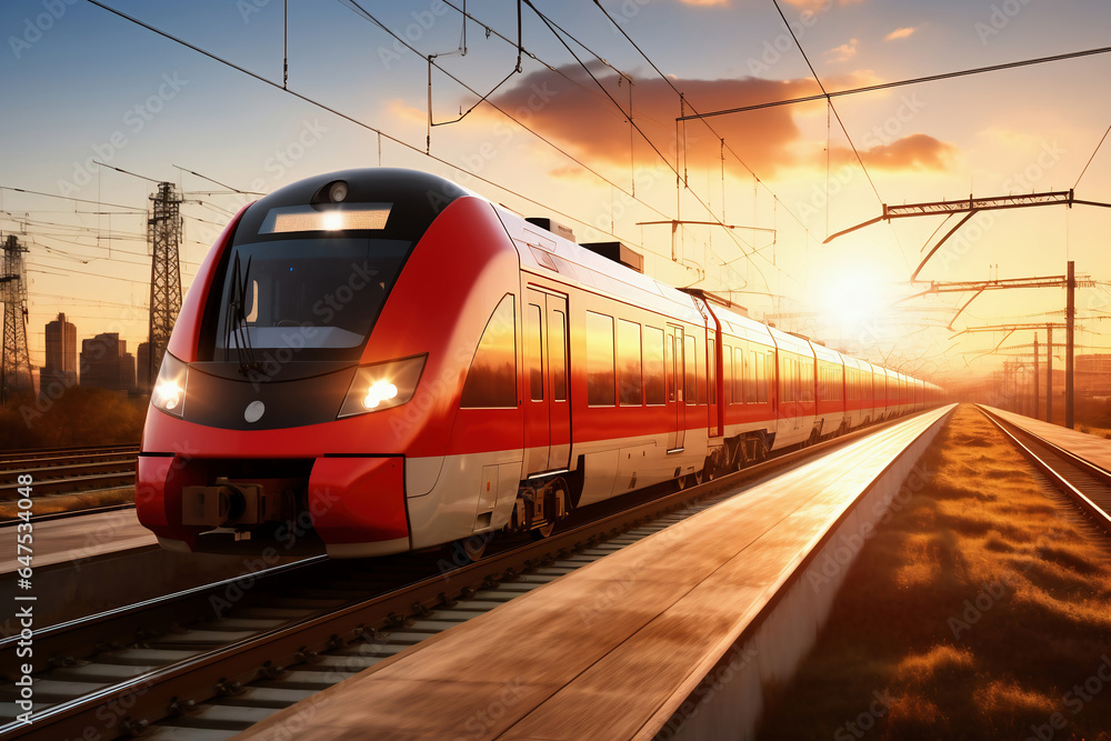 Fototapeta premium A red and white train traveling down train tracks. High-speed suburban train at sunset.