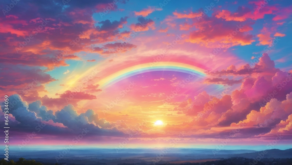 rainbow over the sea with colourful cloud sky
