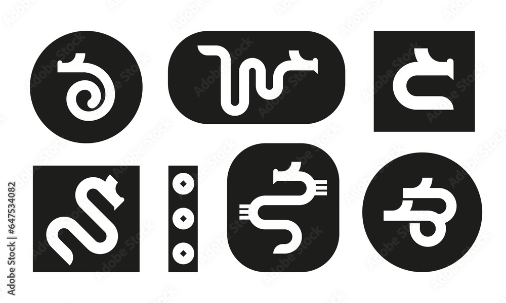 Modern logo collection with white chinese dragon on black backdrop. Minimal geometric vector icon set Modern logo collection with white chinese dragon on black backdrop. Minimal geometric vector icon set