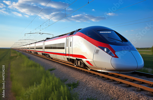 A modern high-speed train moves along the railway tracks against the background of the field. High-speed passenger rail transport.