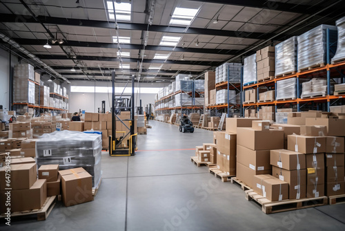 A huge warehouse filled with neatly stacked boxes. Interior of a modern warehouse. Large space for storing and moving goods. logistics. Trade in the modern world.