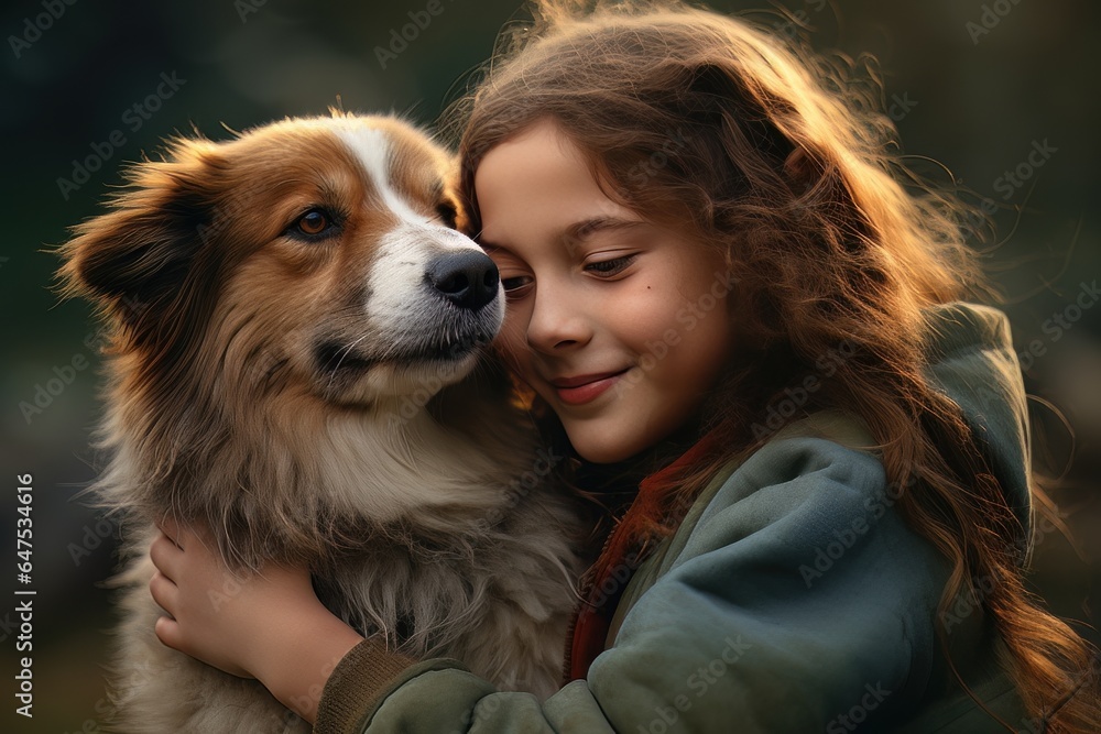 Little Girl Hugging her Dog with Warm Light Background, Kid Hugs a Stray Dog to Conveying a Sense of Love.
