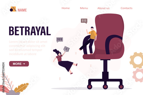 Betrayal, landing page template. businessman pushes colleague down from giant office chair. Hate, bullying at work. gender inequality. Loser woman falls down.