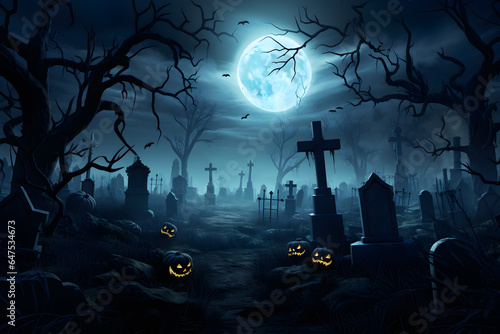 A Halloween background with a creepy pumpkin in the glow of the moon, Scary haunted graveyard and a bats, Jack-o'-lanterns and a spooky night, Generative AI