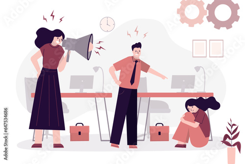 Business people lay blame at someone. Workplace abuse or office violence, colleagues bullying or discrimination. Slander and responsibility. Gossiping, aspersion, libel