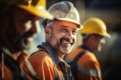 Portrait of Cheerful Workers Wearing Safety Uniform, Construction Engineering Works on Building Construction Site, Observes and Checking the Project.