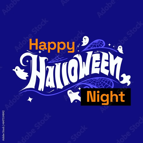 Happy halloween night text on blue with ghosts and cobwebs