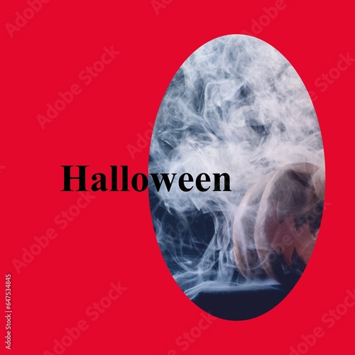Halloween text over jack o lantern pumpkin in smoke on red background