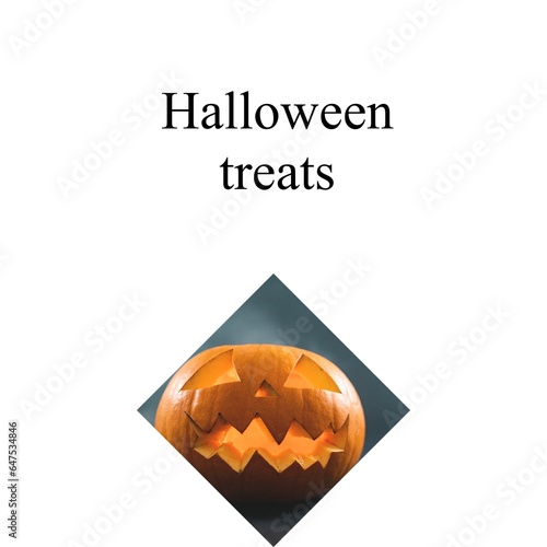 Halloween treats text on white with carved jack o lantern pumpkin