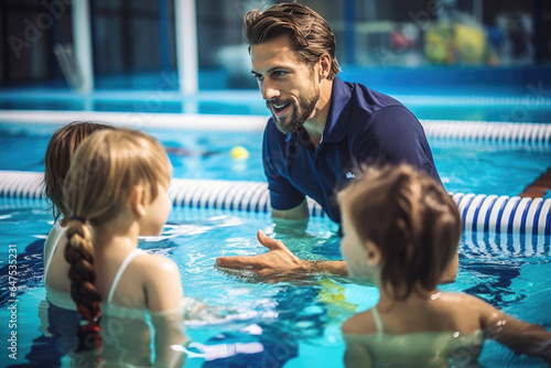 Swimming teacher teaching children to swim in the swimming pool