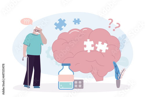 Senior patient suffering from Alzheimer's disease, getting medical help. Memory loss, brain illness treatment. Dementia, dotage concept. Neurology therapy, mental illness