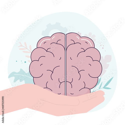 Hand holds brain, medical help, mental health. Mood support drug therapy health care. Correction of depression of sedative balance. Psychology brain disorders, medicine science