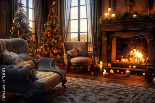 Christmas interior of a room, living room, with a fireplace, a Christmas tree, an armchair. Happy new year and merry christmas. Celebration atmosphere